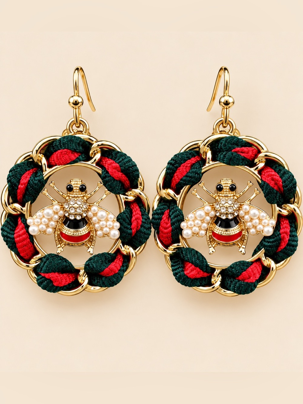Gold Bee Hoop Earrings with Green and Red Accents